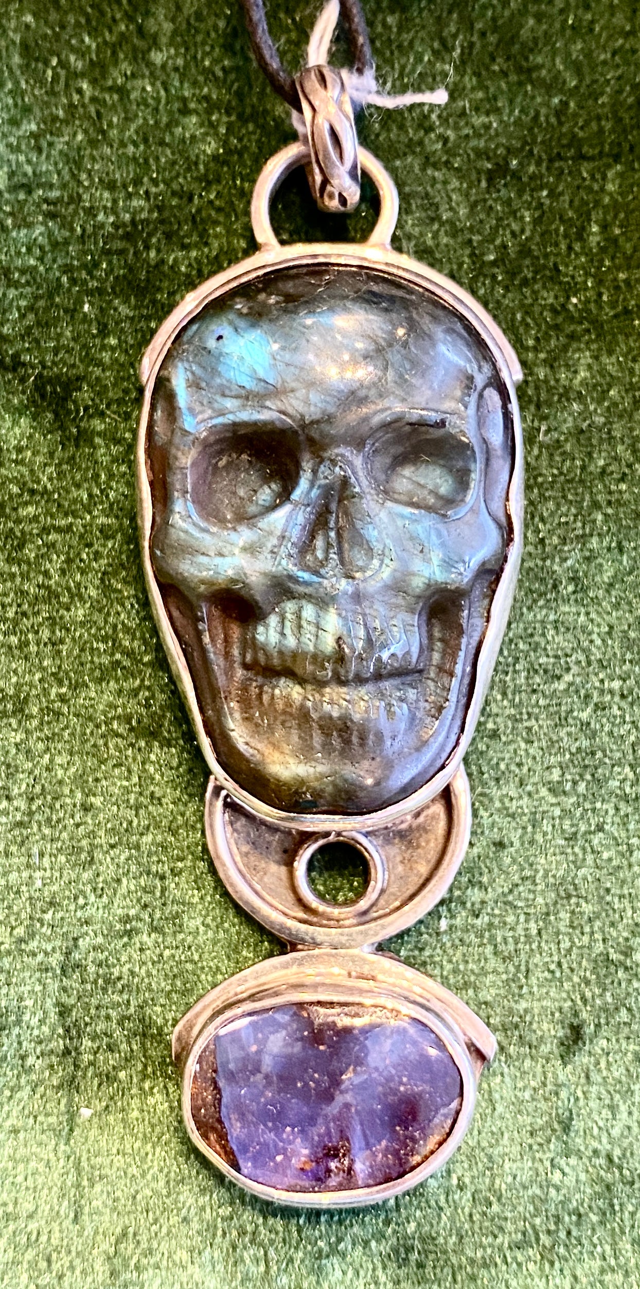 Labradorite skull and Australian opal in Silver Pendant Necklace  |  Rob Riffe