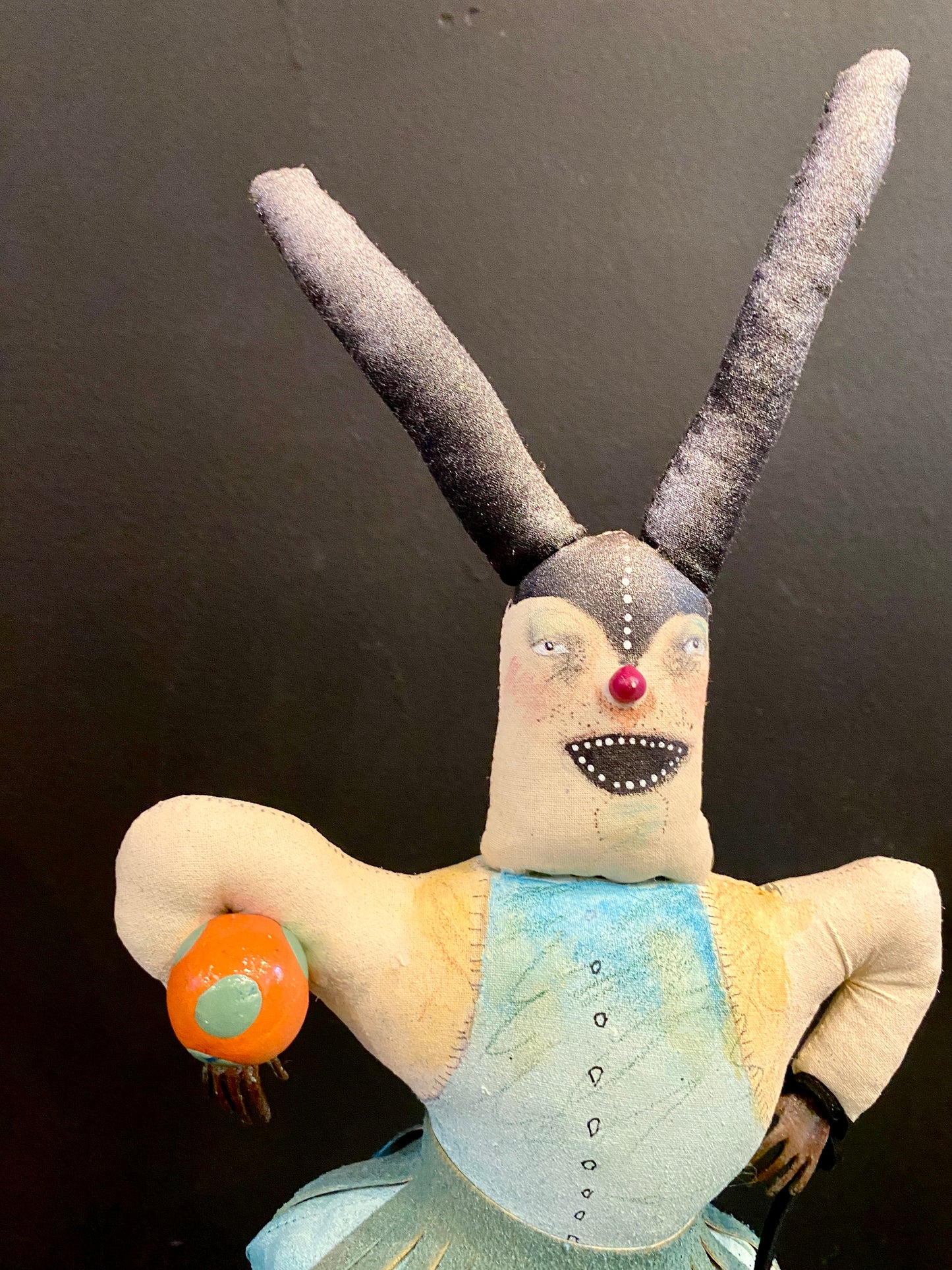 Hoola Wabbit Plays Ball with Little Woo Woo, handmade soft sculpture | Vicki Bruner