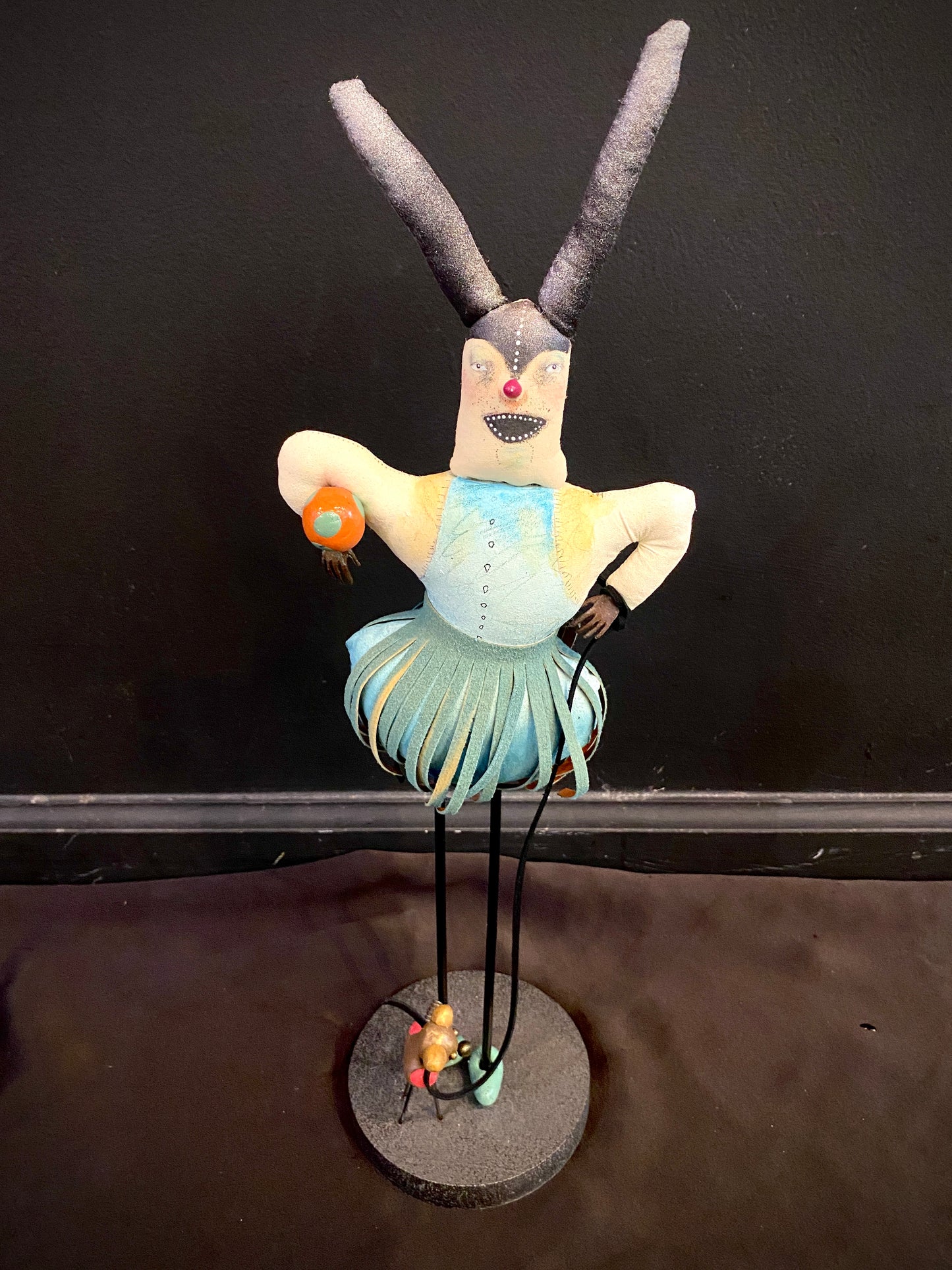 Hoola Wabbit Plays Ball with Little Woo Woo, handmade soft sculpture | Vicki Bruner